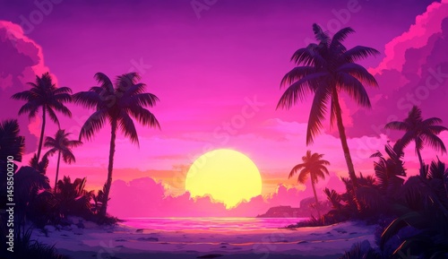vibrant pink and orange sunset sky with the silhouette of an isolated palm tree, creating a tropical background for travel advertising or vacation