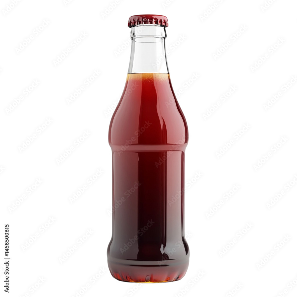 Dark-colored beverage in a glass bottle with a red cap Dark-colored beverage in a glass bottle with a red cap