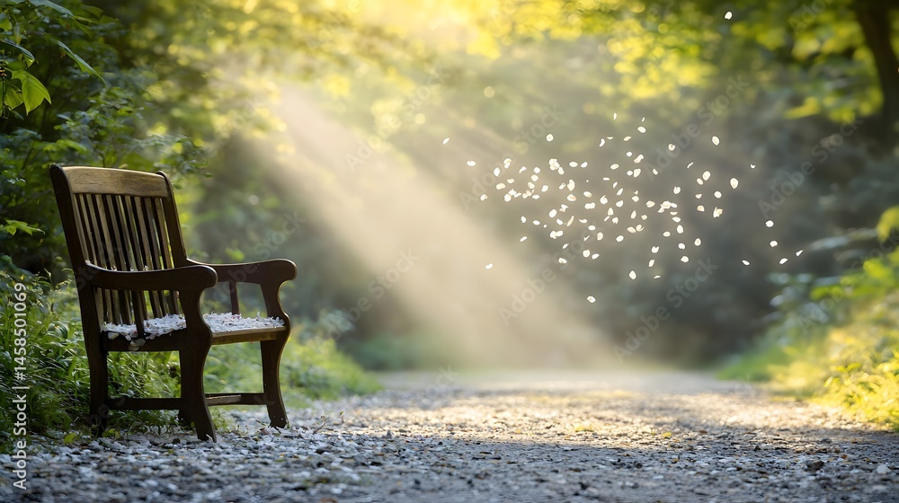 Fototapeta premium Serene Park Bench Surrounded by Sunlit Forest and Floating Petals