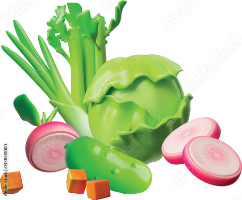 3d vector set of healthy vegetables, cabbage, cucumber, spinach, onion, radish, carrot cubes.
