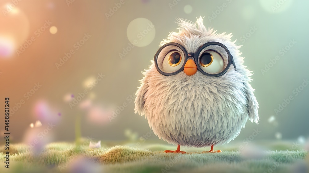 Fluffy, inquisitive bird with glasses, posed in a field. Fluffy, inquisitive bird with glasses, posed in a field.