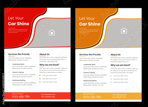 Car wash flyer design, professional car service brochure design, car, service, repair, garage, foam, clean, shine, bubbles, automobile, drive, engine, A4 print-ready template.

