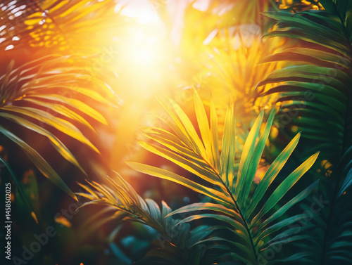Wallpaper Mural Vibrant sunlight shining through lush green palm leaves in nature Torontodigital.ca