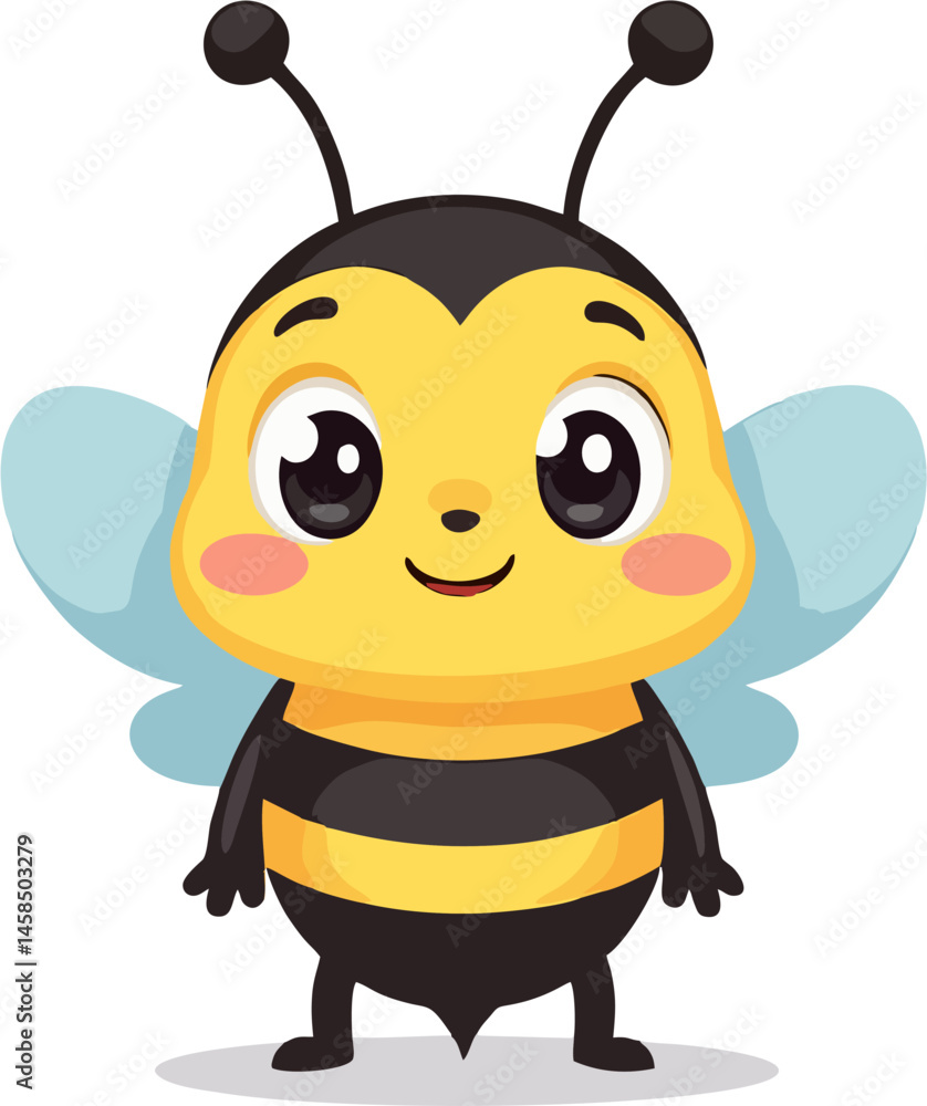 Fototapeta premium Adorable Standing Chibi Bee Character with Blue Wings – Cute Cartoon Honeybee Vector for Kids and Designs