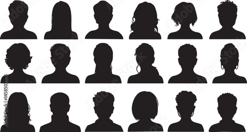 Silhouette portraits of people in a grid pattern against white background