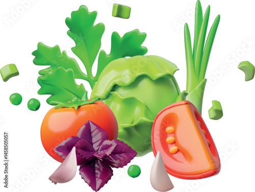 3D illustration of fresh vegetables and herbs, cabbage, tomato, onion, garlic, parsley, basil.