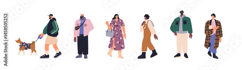 Modern young people walking outdoors. Fashion urban-style characters, trendy men and women with dog, bags, in stylish outfits on city street. Flat vector illustration isolated on white background