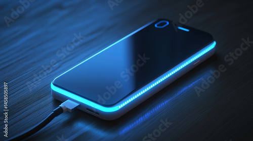 Power bank charging a smartphone, LED indicators glowing