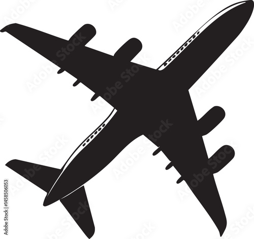 A silhouette of a large airplane with four engines flying overhead