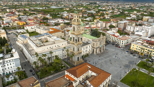 Aerial view of the Pontifical Shrine of the Blessed Virgin of the Rosary of Pompeii. It is a Catholic cathedral, Marian pontifical shrine, and Pontifical minor basilica located in Campania, Italy.