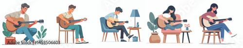 vector young man and woman playing acoustic guitar