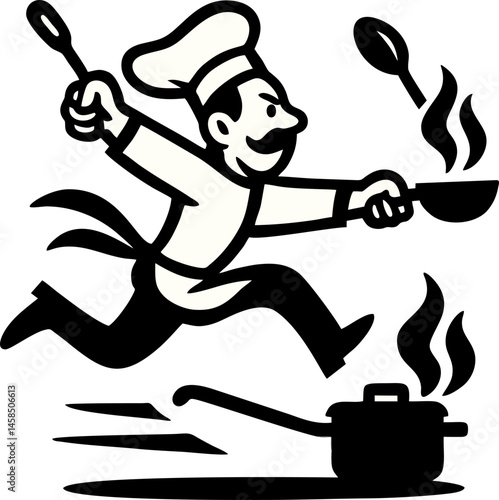 Cartoon Chef Dashes With A Pan And Spoon Near A Cooking Pot In High Contrast Style