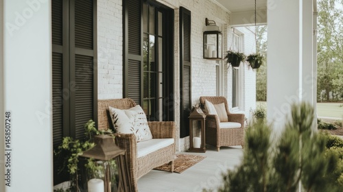 Wicker porch furniture set white brick wall outdoor scene