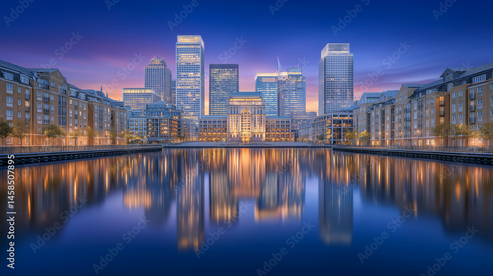 Naklejka premium Canary Wharf Skyline at Twilight: A picturesque urban panorama showcases the majestic cityscape of Canary Wharf during twilight, with the calm water reflecting the illuminated architecture.