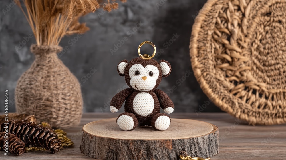 Fototapeta premium Adorable crocheted monkey keychain on wooden slice