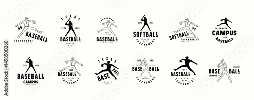 Labels set of baseball and softball game with silhouettes of players batter and pitcher. Thin line and silhouette style graphic design for t-shirt. Black print on white background