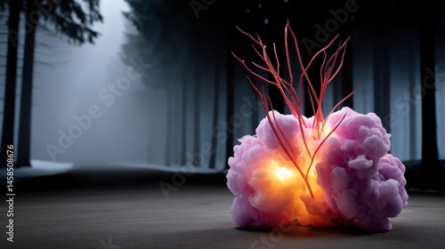 Artistic digital rendering of a colorful explosion with pink cloud-like formation and red streaks in a foggy forest setting