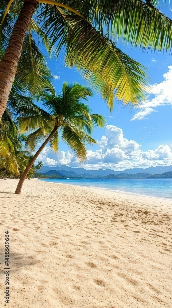A lush beach scene with tall palm trees framed by the clear blue sky and inviting ocean waters A lush beach scene with tall palm trees framed by the clear blue sky and inviting ocean waters