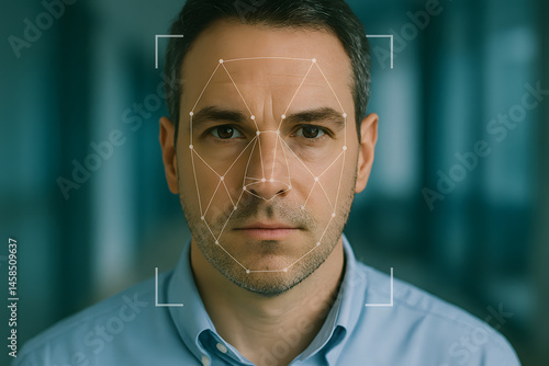 Facial recognition system scanning male face for identity verification. Cybersecurity concept of biometric authentication, secure digital access, and privacy protection technology.
