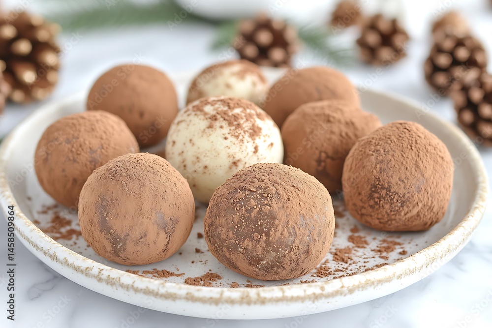 Chocolate truffles dusted cocoa powder, displayed on plate Chocolate truffles dusted cocoa powder, displayed on plate