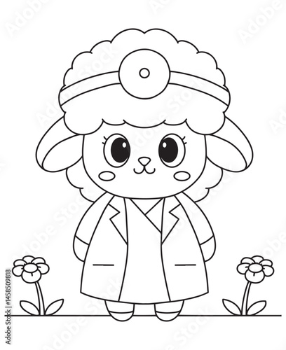 Coloring book lamb dressed as a doctor with a head mirror and coat among the flowers