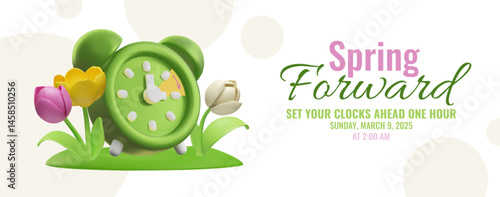 3D vector banner with tulips and a green alarm clock, daylight saving time transition.