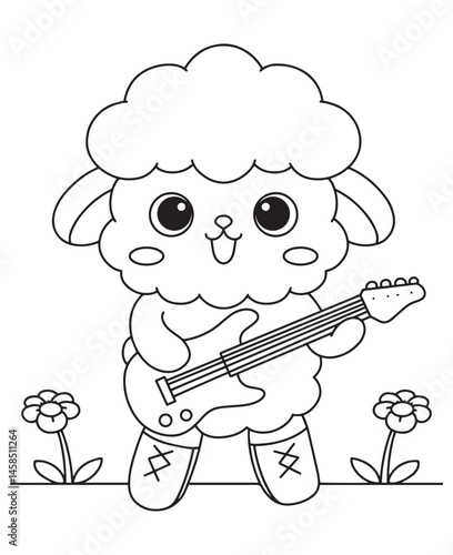 Coloring book cute lamb rocking out on an electric guitar 