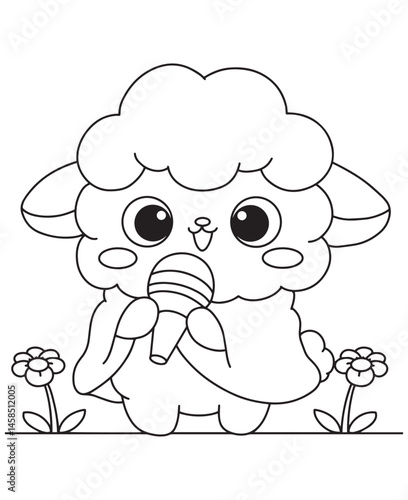 Coloring book lamb holding a microphone among the flowers. 