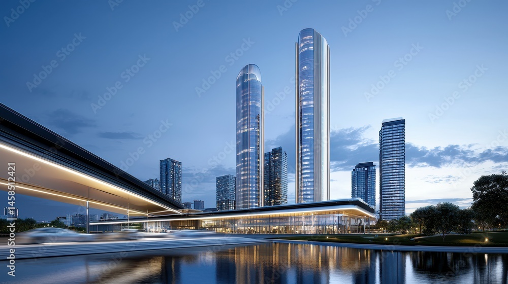 Obraz premium Modern skyscrapers reflecting in water at dusk, showcasing sleek architecture.