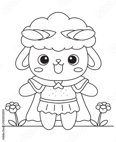 Coloring book cute lamb dressed as a superhero with a cape and mask among the flowers.