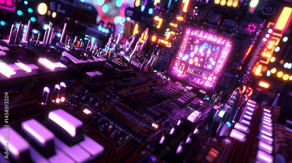 Obraz premium Intricate digital city glowing with neon light.