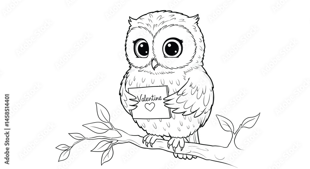 Fototapeta premium Charming Baby Owl Delivering Valentine Greeting Coloring Illustration