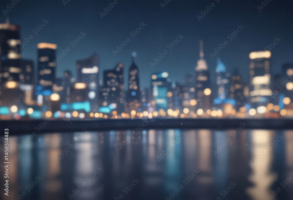 Fototapeta premium Blurred city lights, circular bokeh, deep blue backdrop, abstract, nightlife
