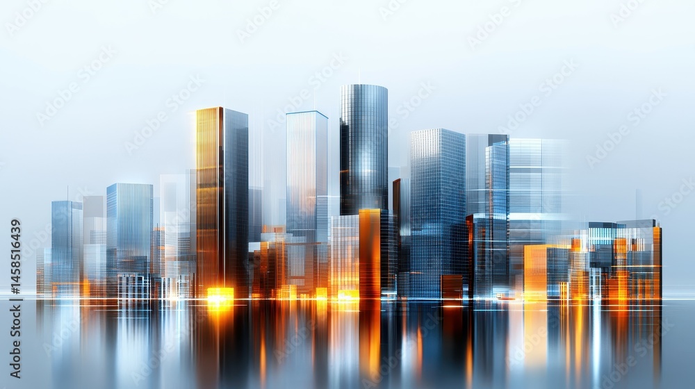 Fototapeta premium Futuristic urban skyline with shimmering reflections and a soft color palette.