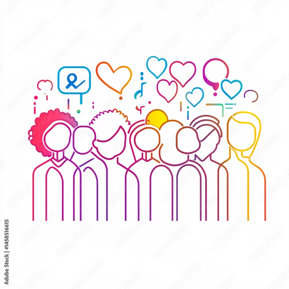 Abstract illustration of people in line art expressing community, collaboration, and multicultural diversity in a modern design Abstract illustration of people in line art expressing community, collaboration, and multicultural diversity in a modern design