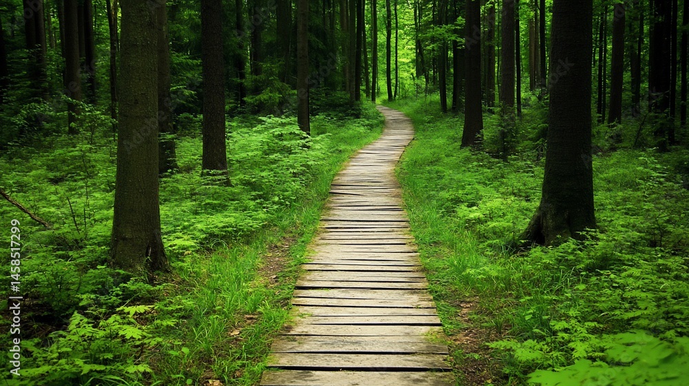 Fototapeta premium Wooden pathway through a lush forest
