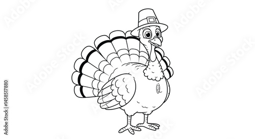 Funny Cartoon Turkey Wearing Pilgrim Hat Thanksgiving Coloring Page