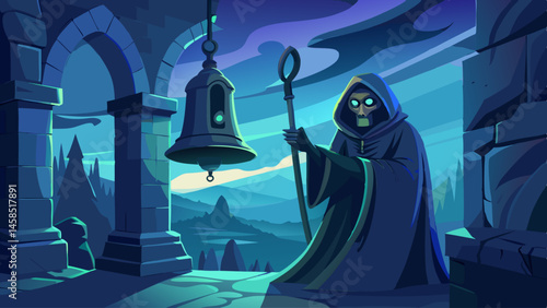 A skeleton is holding a bell in a dark, eerie setting. Scene is ominous and foreboding