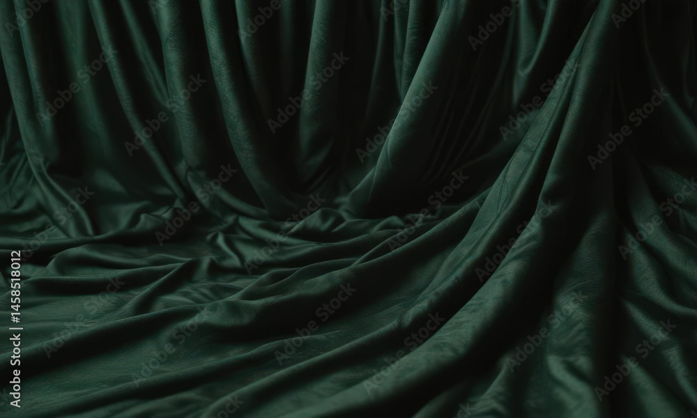 Fototapeta premium Intricate velvet folds, dimensional sheen, dark green luxury, extravagant drape, close-up, macro photography, elegant