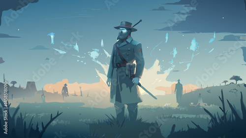 A man in a hat stands in a field with a book in his hand. The scene is set in a post-apocalyptic world, with a sense of desolation and emptiness