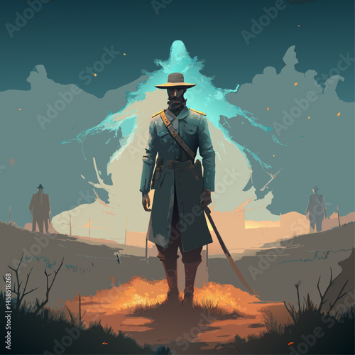 A man in a hat stands in a field with a book in his hand. The scene is set in a post-apocalyptic world, with a sense of desolation and emptiness