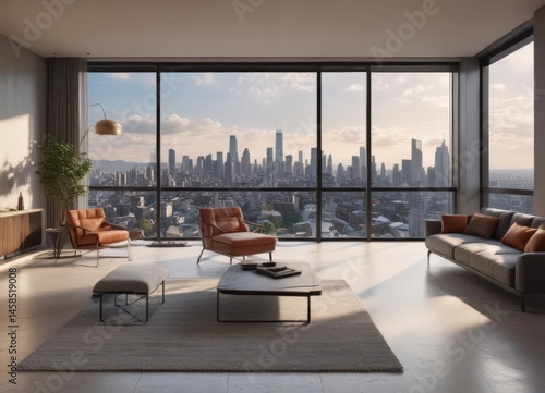 Sleek modern apartment, panoramic city view from large window , modern, night, bright