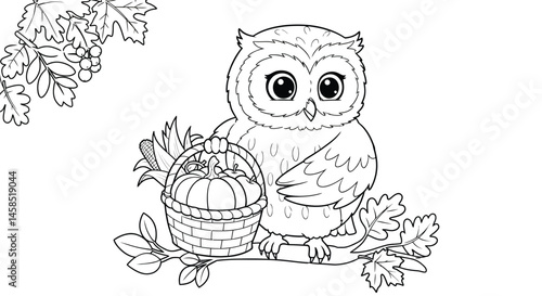 Adorable Owl Character with Harvest Basket Filled with Autumn Goodies Drawing