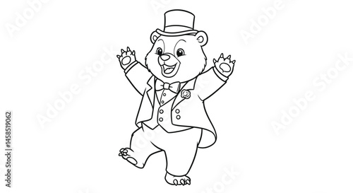 Festive Bear Character Enjoying a Dance in Smart Tuxedo for New Year Party