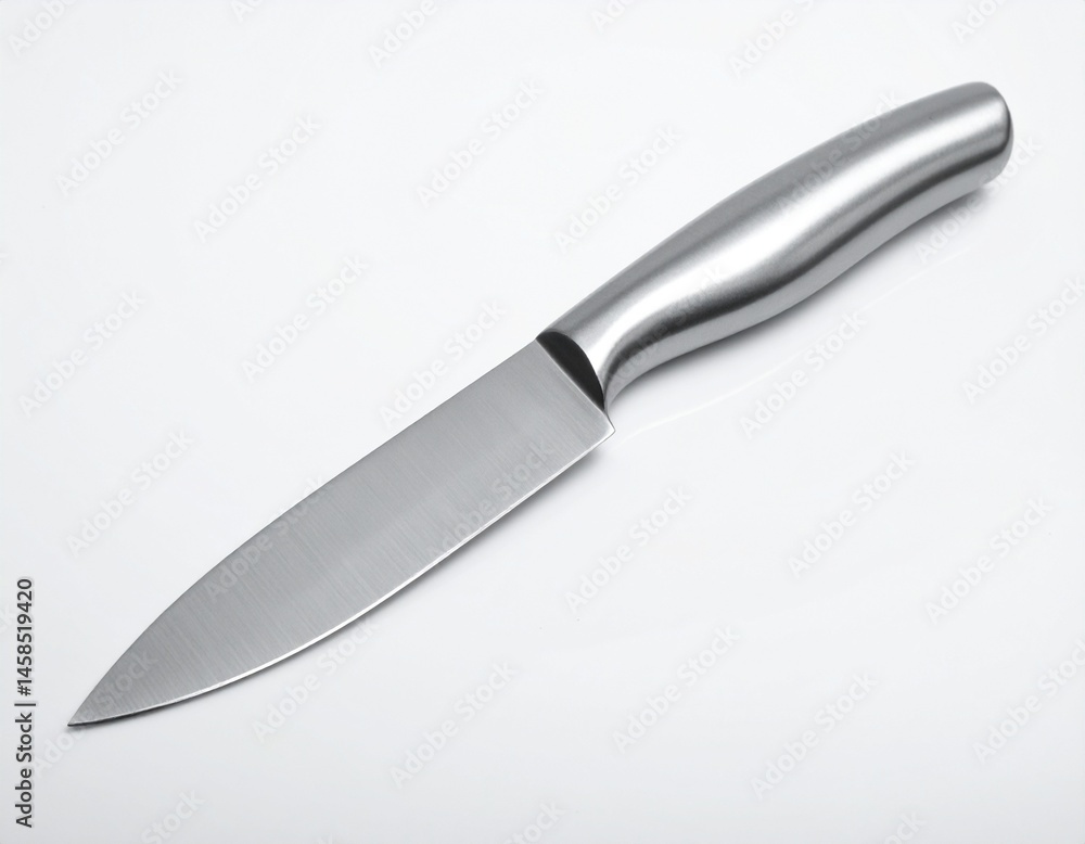 Sharp kitchen tool with a metallic handle on a bright, clean surface. The blade gleams Sharp kitchen tool with a metallic handle on a bright, clean surface. The blade gleams