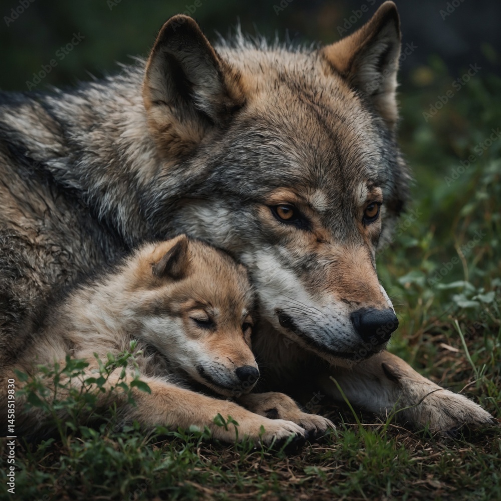Fototapeta premium Wolf Pup Curled Up Beside Its Mother.