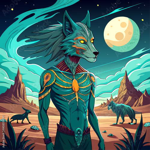 A large, scary wolf is standing in the desert, looking at a small dog. The sky is dark and cloudy, and the moon is visible in the distance. Scene is eerie and ominous