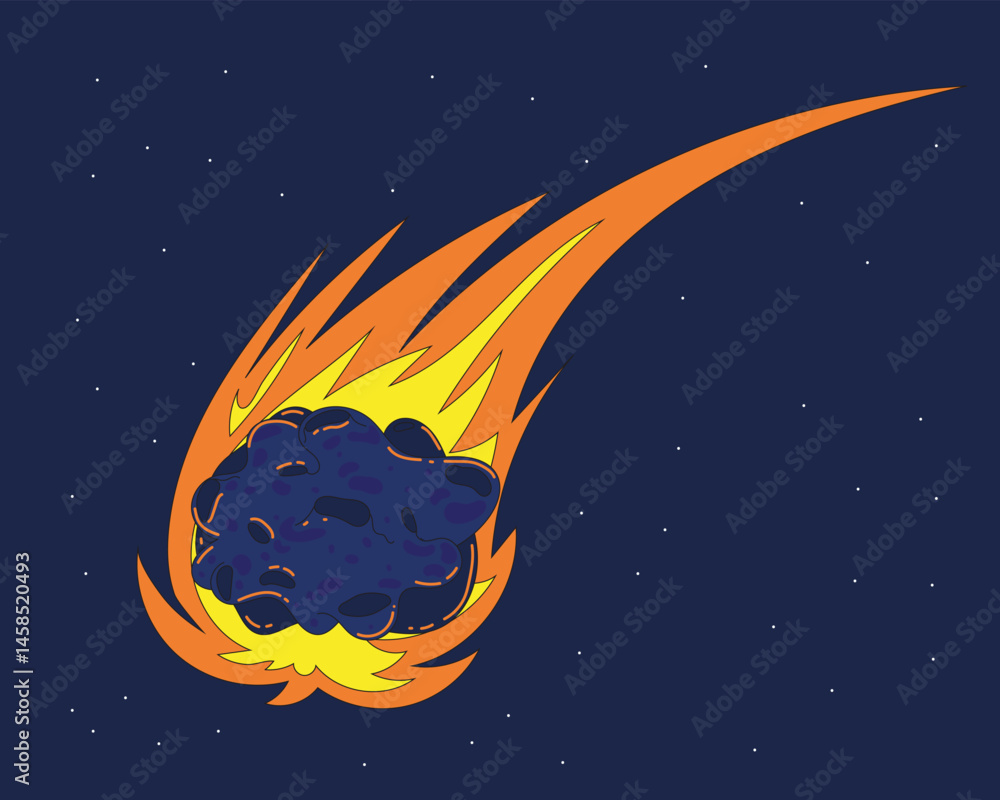 Fototapeta premium Cartoon comet or meteorite with glowing orange trail crashing into asteroid, perfect for science-themed design.