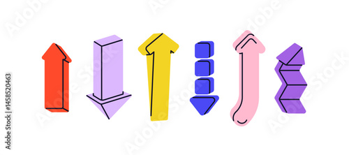 Arrows up and down set. Direction and navigation, UI pointing icons. Graphic design elements for interface for action, motion upward, downward. Flat vector illustrations isolated on white background