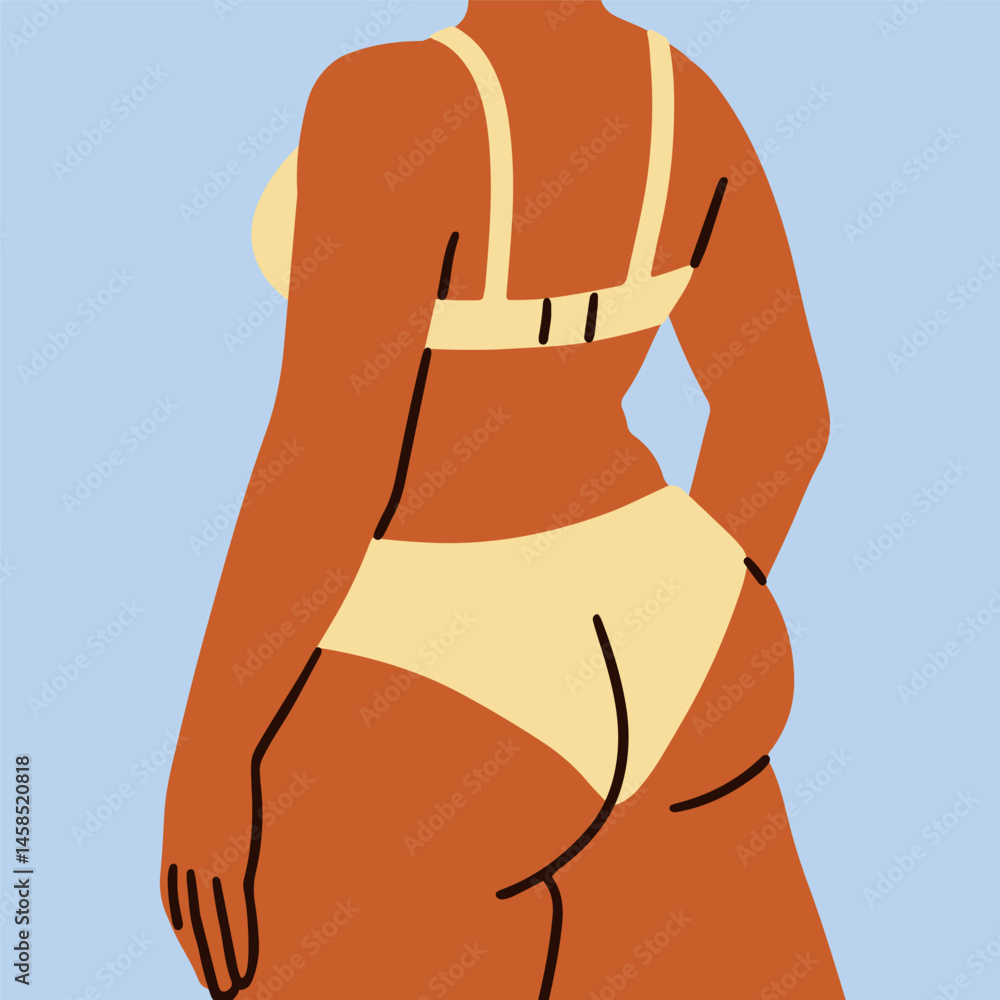 Fototapeta premium Woman in bikini, back view. Female with feminine curvy plus-size body, buttocks. Beautiful sexy figure shape in bra and panties from behind. Girl in underwear, lingerie. Flat vector illustration